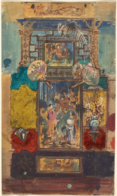 Décor de scène composé de panneaux peints, tissus et éventails - Robert Caney