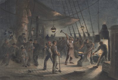 La forge sur le pont, nuit du 9 août : préparation du blindage pour le cabestan, 1865-66 - Robert Charles Dudley