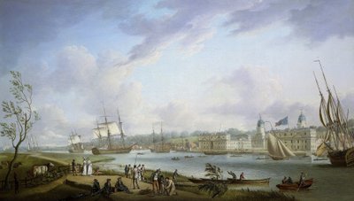 Vue de Greenwich, description de la Tamise et des activités sur ses rives, ainsi que de la navigation fluviale, sujet à l
