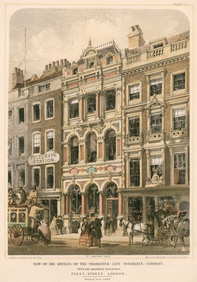 Vue des bureaux de la Promoter Life Insurance Company et des bâtiments adjacents, Fleet Street, Londres (lithographie couleur) - Robert Dudley