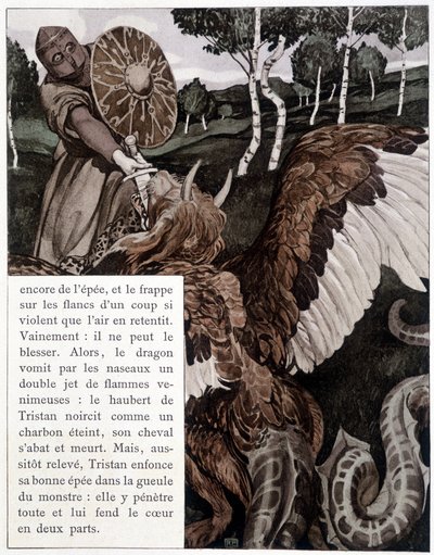 Tristan combattant un dragon - dans « Le Roman de Tristan et Iseult » par J. Bédier, illustré par Robert Engels, Édition d