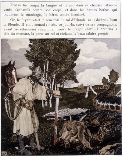 Tristan près du dragon mort - dans « Le Roman de Tristan et Iseult » par Bédier, ill. par Robert Engels, éd. d