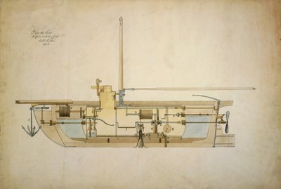 Dessin original du Nautilus, le premier sous-marin, présenté par son inventeur Robert Fulton (1765-1815) au Sénat américain en 1806. - Robert Fulton