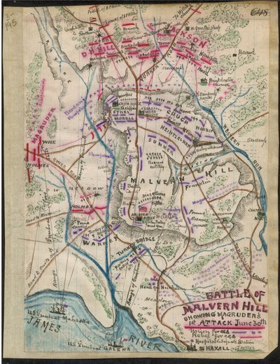 Bataille de la colline de Malvern montrant la 1ère attaque de Magruder le 30 juin LOC gvhs01.vhs00095 - Robert Knox Sneden