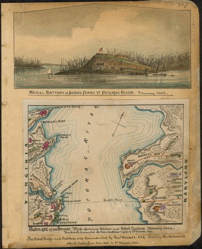 Blocus du Potomac. Carte montrant les batteries de l