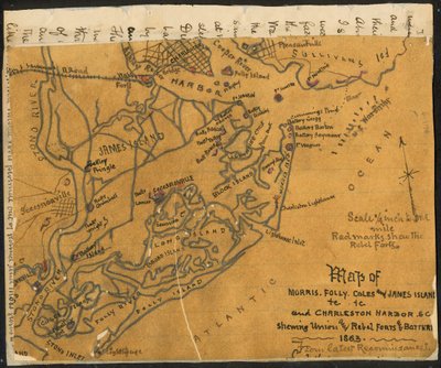 Carte de Morris, Folly, Coles et James Island(s), etc., et du port de Charleston S.C. montrant (sic) les forts et batteries de l