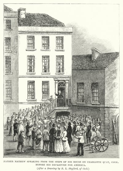 Le Père Mathew parlant des marches de sa maison sur Charlotte Quay, Cork, avant son départ pour l