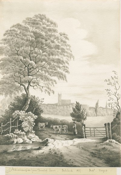 Wolverhampton - Vue lointaine de Dunstall Lane: dessin au lavis sépia, 1837 - Robert Noyes