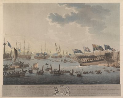 À... Earl St Vincent K.B. &c.&c. Cette plaque représentant le lancement du navire de Sa Majesté Hibernia de 120 canons, des frégates Circe & Pallas de 32 canons chacune et le désamarrage du St George de 98 canons ayant subi une réparation complète le 17 no - Robert Parker