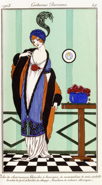 Vêtements parisiens : Robe en charmeuse blanche avec tunique en soie brodée violette - Robert Pichenot