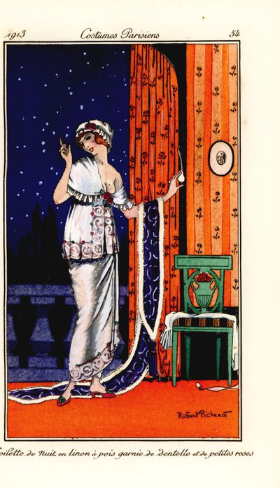 Femme en robe de soirée en lin à pois décorée de dentelle et de roses. Toilette de nuit en linon à pois garnie de dentelle et de petites roses. - Robert Pichenot