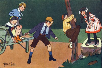 Un chat perché. Gravure dans « À quoi jouons-nous ? » par E. Weber avec des dessins aquarellés de Robert Salles (1871-1929). Librairie Garnier Frères, Paris - Robert Salles