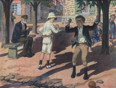 Un jeune garçon se fâche pendant un jeu avec ses camarades (mauvais joueur). Illustration de Robert Salles (1871-1929) dans « Je sais Lire ». - Robert Salles