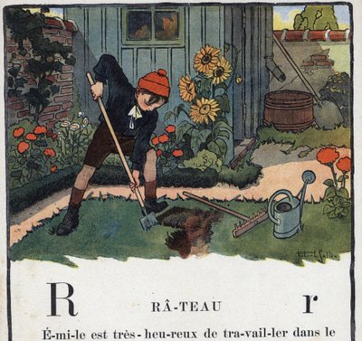 Livre pour enfants “Je lirai - Alphabet méthodique et amusant par un papa” 1926. Illustration de Robert Salles (1871-1929). Abécédaire : lettre R comme Rateau. Un garçon jardine dans le jardin de sa maison. - Robert Salles