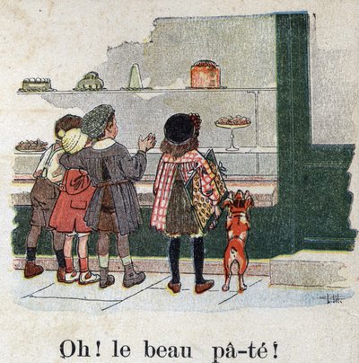 Livre pour enfants « Je vais lire - Alphabet méthodique et amusant par un papa » 1926. Illustration de Robert Salles (1871-1929). « Oh! La belle pâte! ». Enfants gourmands s