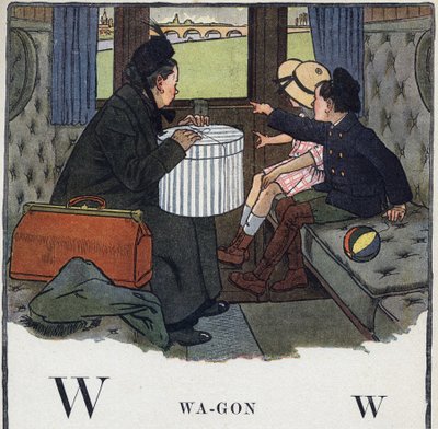 Livre pour enfants « Je lirai - Alphabet méthodique et amusant par un papa » 1926. Illustration de Robert Salles (1871-1929). Abécédaire : lettre W comme Wagon. Deux enfants avec leur mère voyagent dans un compartiment de train - Robert Salles
