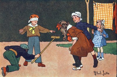 Colin-maillard. Gravure dans « À quoi jouons-nous ? » par E. Weber avec des dessins aquarellés de Robert Salles (1871-1929). Librairie Garnier Frères, Paris - Robert Salles