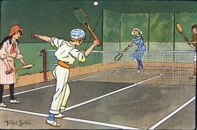 Le tennis sur gazon. Gravure dans « À quoi jouons-nous ? » par E. Weber avec des dessins aquarellés de Robert Salles (1871-1929). Librairie Garnier Frères, Paris - Robert Salles