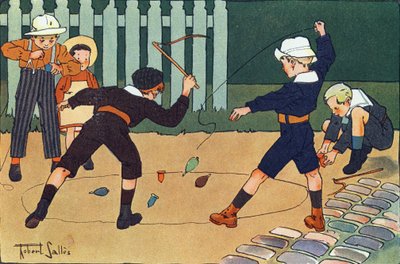 La toupie (jeu de fouet). Gravure dans "À quoi jouons-nous ?" par E. Weber avec des dessins aquarellés de Robert Salles (1871-1929). Librairie Garnier Frères, Paris - Robert Salles