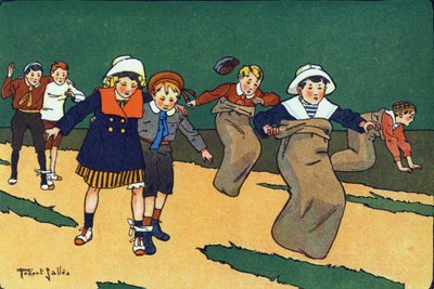 La course en sac. Gravure dans « À quoi jouons-nous ? » par E. Weber avec des dessins aquarellés de Robert Salles (1871-1929). Librairie Garnier Frères, Paris - Robert Salles