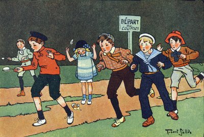 La course aux œufs. Gravure dans « À quoi jouons-nous ? » par E. Weber avec des dessins aquarellés de Robert Salles (1871-1929). Librairie Garnier Frères, Paris - Robert Salles