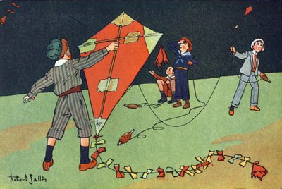 Le cerf-volant. Gravure dans « À quoi jouons-nous ? » par E. Weber avec des dessins aquarellés de Robert Salles (1871-1929). Librairie Garnier Frères, Paris - Robert Salles