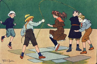 Le saut à la corde. Gravure dans « À quoi jouons-nous ? » par E. Weber avec des dessins aquarellés de Robert Salles (1871-1929). Librairie Garnier Frères, Paris - Robert Salles