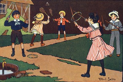 Le volant et les grâces. Gravure dans "À quoi jouons-nous ?" par E. Weber avec des dessins aquarellés de Robert Salles (1871-1929). Librairie Garnier Frères, Paris. - Robert Salles