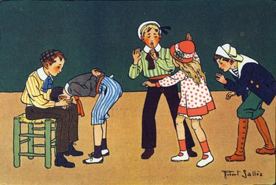 La main chaude. Gravure dans "À quoi jouons-nous ?" par E. Weber avec des dessins aquarellés de Robert Salles (1871-1929). Librairie Garnier Frères, Paris - Robert Salles