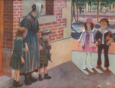 Deux enfants riches rencontrant une mère pauvre et ses enfants mendiant dans la rue (litho couleur) - Robert Salles