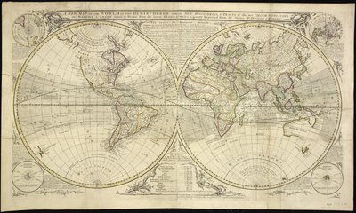 Une nouvelle carte du monde en deux hémisphères avec les nouvelles découvertes et les trajets des deux navigateurs, à savoir Dampier et Anson : dessinée d