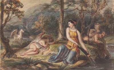 Diane, déesse de la chasse, avec des satyres, Cupidon endormi et un Pégase dans un paysage boisé - Robert Smirke