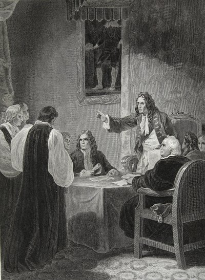Les évêques devant le Conseil privé, 1688, gravé par George Noble, illustration de 