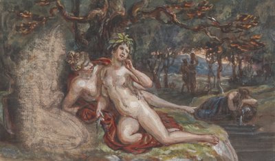 Scène boisée avec un couple allongé sous un arbre, près d