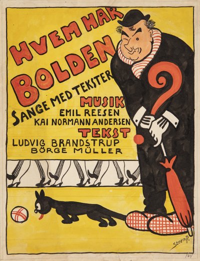 Forlæg til titelblad til "Hvem har Bolden". Karikeret portræt af Carl Alstrup - Robert Storm Petersen