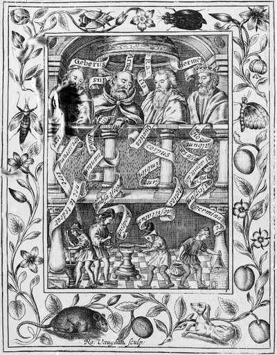 Les grands alchimistes inspirent le travail dans le laboratoire du Theatrum Chemicum Britannicum, 1652 - Robert Vaughan