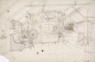 Un intérieur avec trois personnes : une au lit buvant du café, une à table mangeant du porridge et une près du seigle. - Robert Wilhelm Ekman