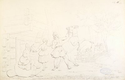 Lemminkäinen et Hiiden Hirvi ; dessin original pour la série "Kalewala, Finsk National-dikt, framställd i teckningar af R.W.Ekman" - Robert Wilhelm Ekman