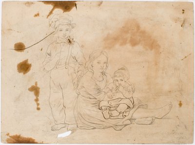 Enfants du Småland, une fille avec un enfant sur les genoux et un garçon à côté d