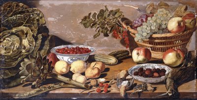 Bols de cerises et de mûres, un panier de raisins, pommes et groseilles rouges, un chou, artichaut, citrons, cornichons, noix, autres fruits, bécassines et grives mortes sur une table - Robert Willemsz de Baudous