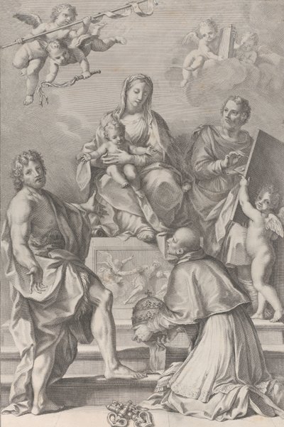 Madone et enfant au centre avec Saint Jean-Baptiste, Saint Luc, Pape Pierre Célestin - Robert van Audenaerde