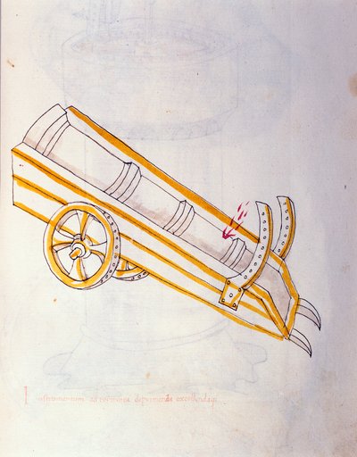 Art de la guerre : étude sur les machines militaires. Canon pose sur sa montre, illustration de 