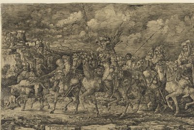 Roi des Huns avec ses femmes entouré de serviteurs et de bétail, traversant un paysage - Rodolphe Bresdin