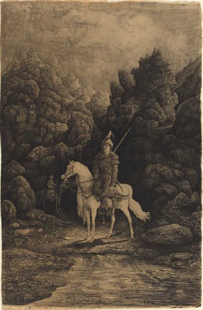 Cavalier oriental dans un paysage montagneux désolé - Rodolphe Bresdin