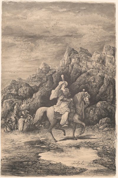 Cavalière orientale dans un paysage montagneux désolé - Rodolphe Bresdin