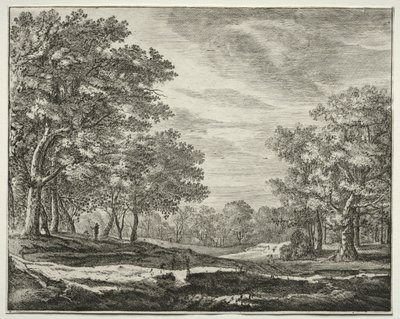 Six vues dans le bois de La Haye : Un homme avec un bâton à la main - Roelant Roghman