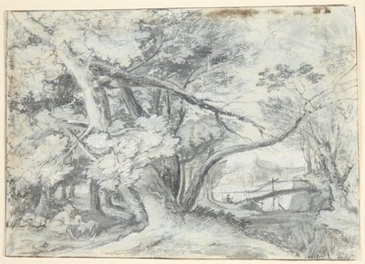 Paysage forestier avec de grands arbres, sous lesquels se trouvent deux hommes et un chien. À droite, un pont - Roelant Savery