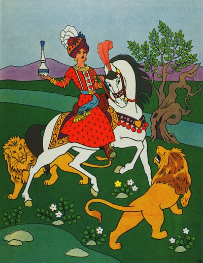 Le prince chevauchant deux lions, illustration pour "Le prince Ahmed et la fée Pari Banou", tiré des "Mille et une nuits". - Roger Broders