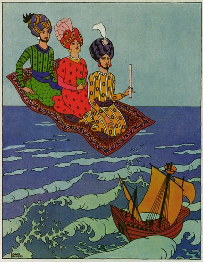 Ils ont été transportés rapidement, illustration de "Le prince Ahmed et la fée Pari Banou", tiré des "Mille et une nuits - Roger Broders