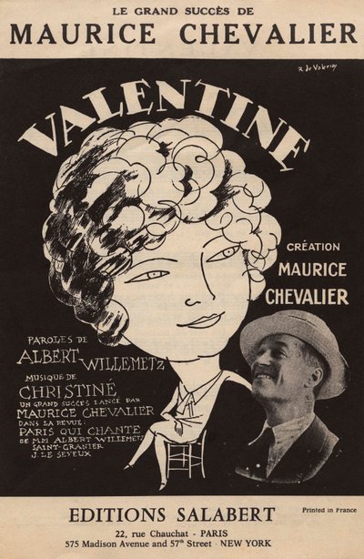 Couverture de la partition du grand succès de Maurice Chevalier "Valentine" paroles d